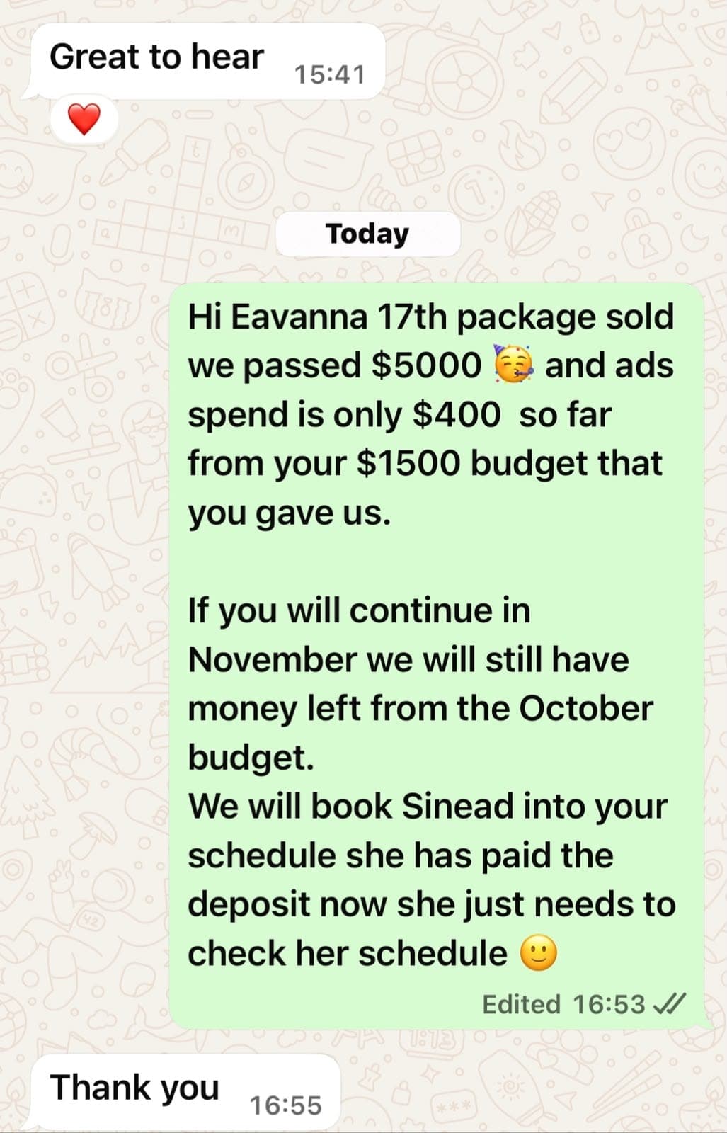 WhatsApp chat: 17th package sold, passed $5000 with ads spend only $400 of a $1500 budget, and a new patient has paid her deposit; the client replies thank you