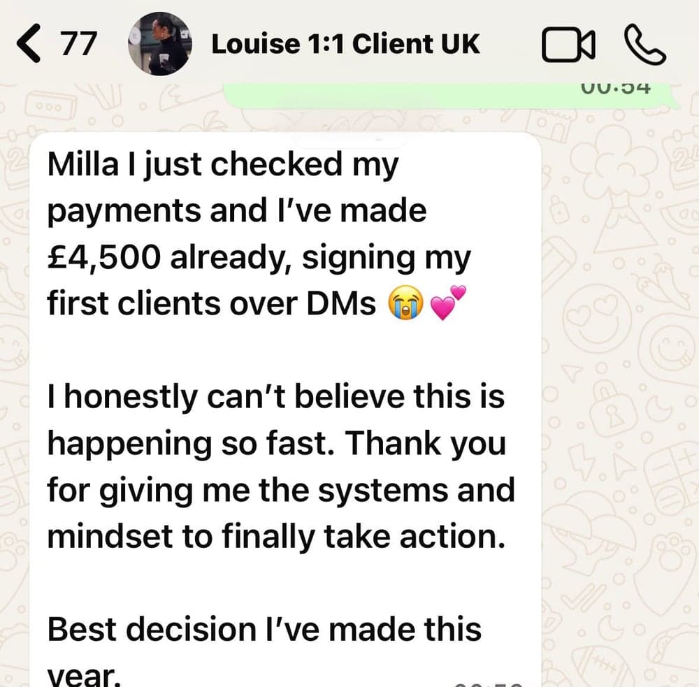 WhatsApp message from Louise about making £4,500 and signing her first clients