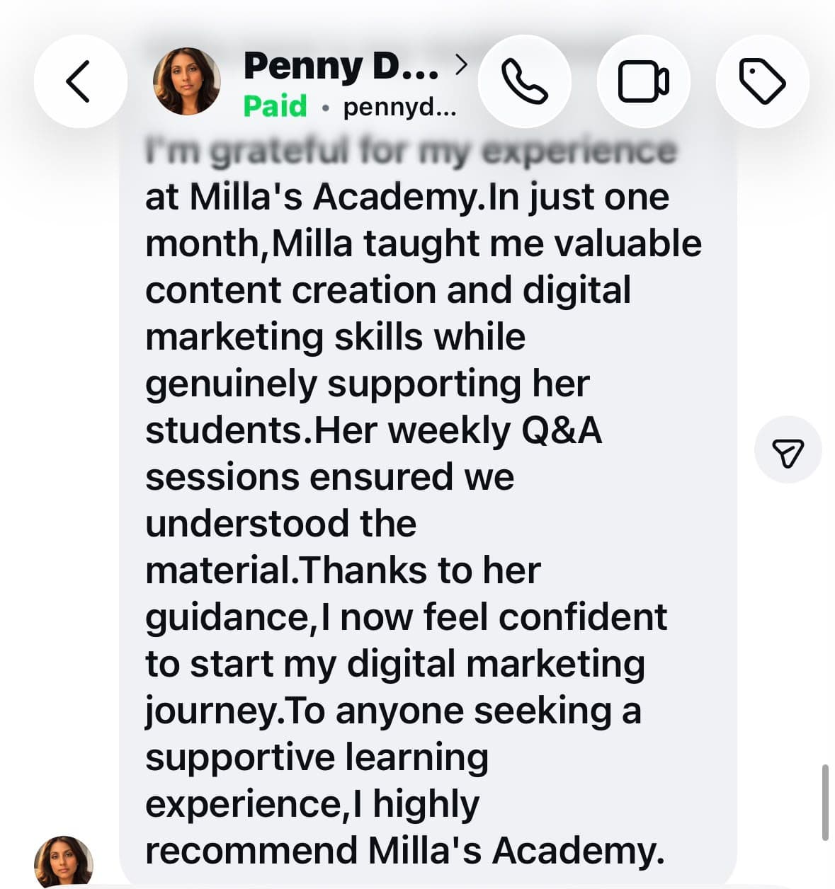 Instagram message from Penny recommending Milla's Academy after learning content creation and digital marketing skills in one month